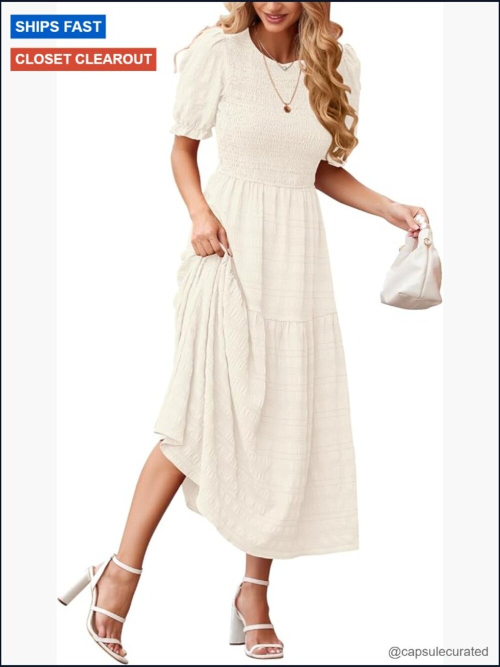 Smocked Puff Sleeve Maxi Dress Flowy Tiered Boho